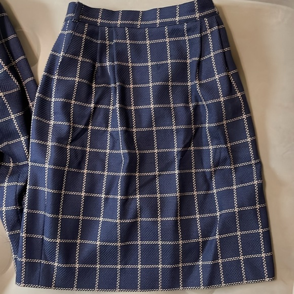 Navy with tan stripe jacket and skirt suit set. Petite. Size 8/10. - Picture 3 of 3